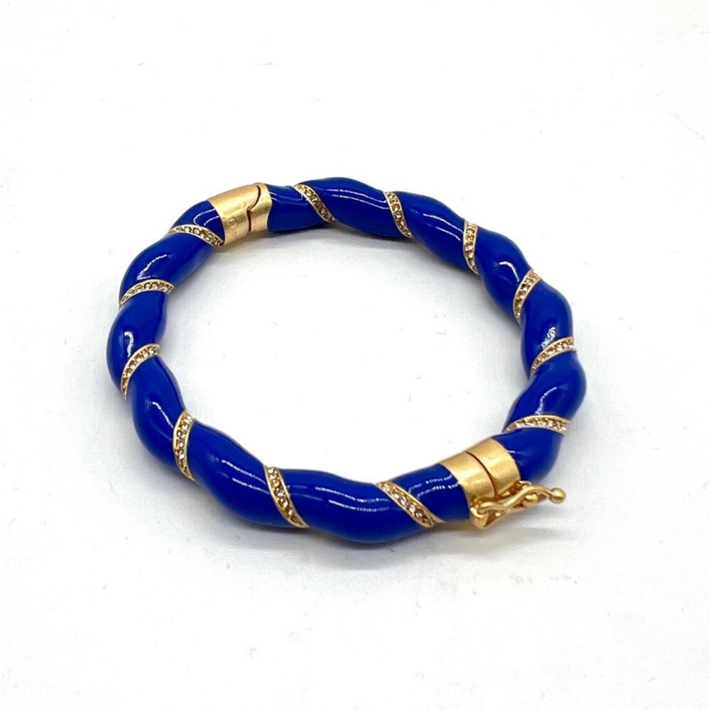 CLARE V Gold Plated and Enamel Rope Bangle Bracelet Blue Rhinestone Crystal NWOT - Picture 5 of 11